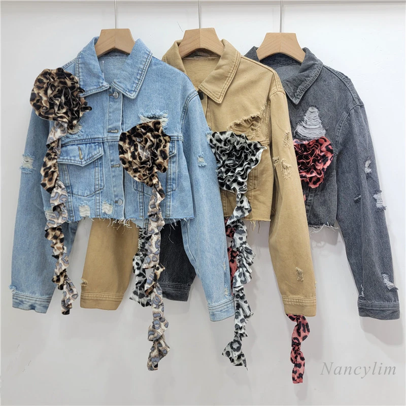 European and American Style Denim Jacket Women New Fashion Three-dimensional Flower Irregular Coat Short Hole Jacket Spring Fall