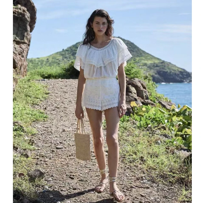 

25 year new French organic cotton white polka dot lace ruffle V-neck flying sleeve loose top
