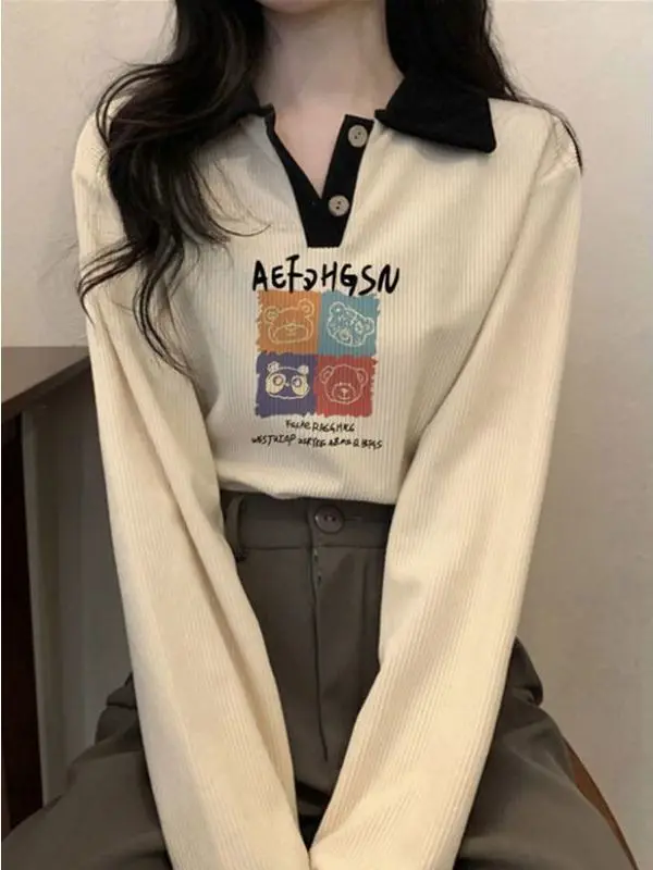 Fashion Lapel Printed Spliced Button Korean T-Shirt Female Clothing 2023 Autumn Winter Loose Casual Tops All-match Tee Shirt