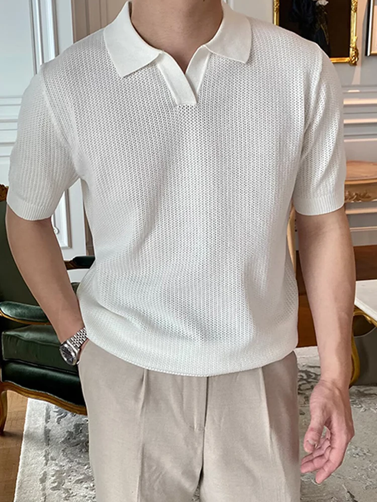 

Summer Hollow out Thin ort Sve irt Men Knitted Collar T irt High End Casual Texture Breathable irt