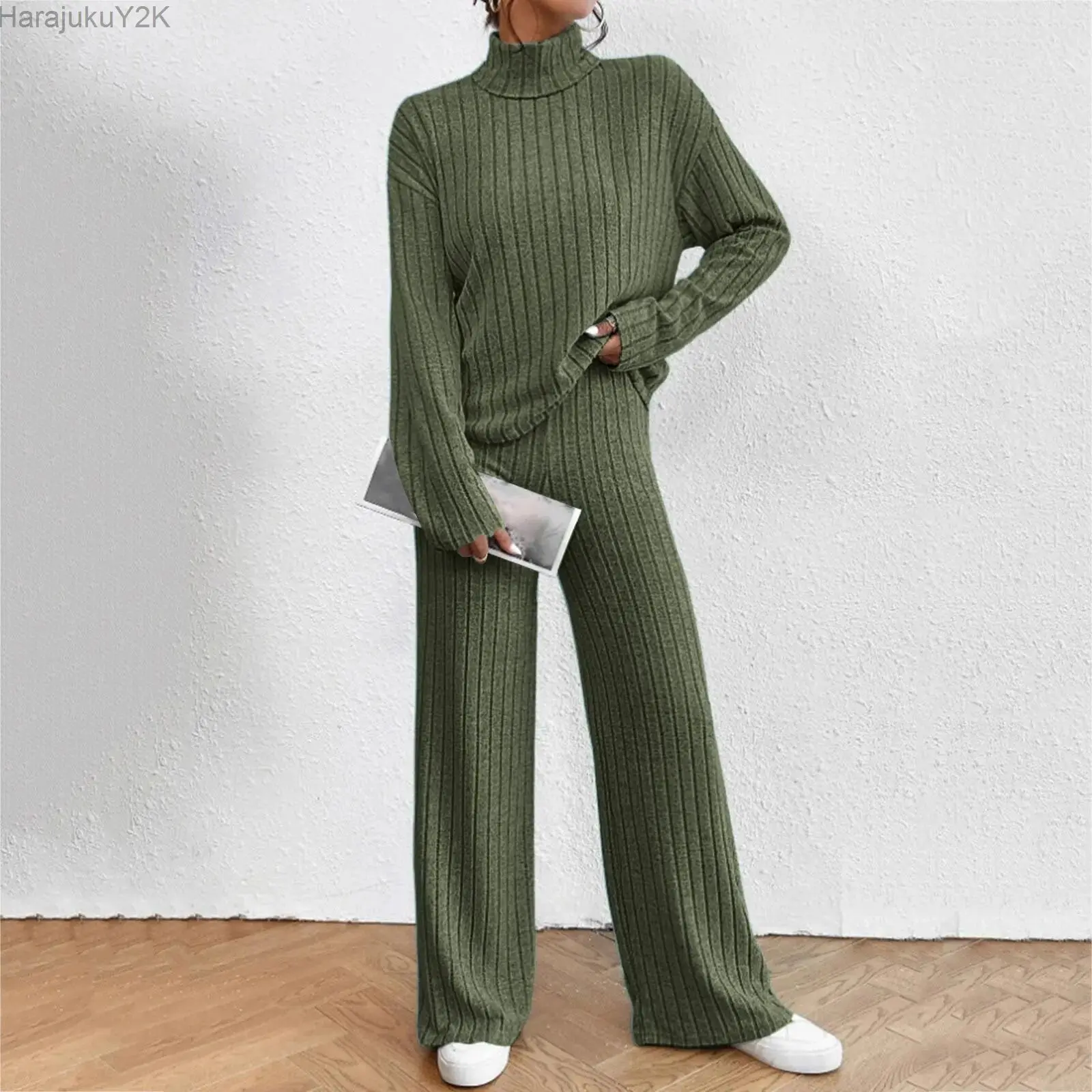 Women\'S Two Piece Suits Knitted Matching Outfits High Neck Loose Tee And Pants Tracksuit Solid Color Autumn Sweater Sets