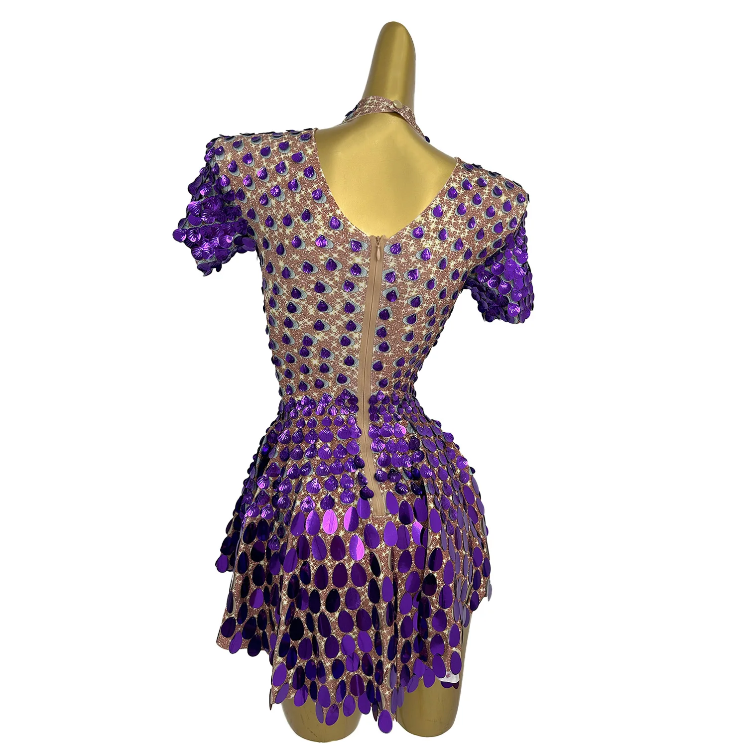 Sexy Purple Shell Sequins Mini Dresses Black Girls Nightclub Dance Stage Show Clothing Clubbing Birthday Party Dresses Pleated