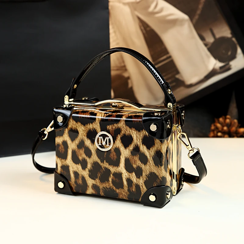 Fashion Leopard Bag Women Handbags Cowhide Leather Ladies Cosmetic Evening Bag Purses Small Hard Square Box Messenger Bags