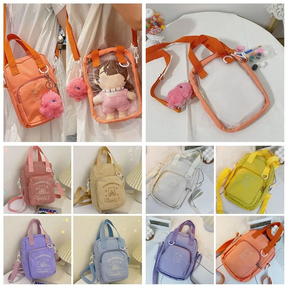 Cartoon Pattern Crossbody Single-shoulder Corduroy Canvas Display Pouch Transparent Window Double Side 20CM Doll Bag