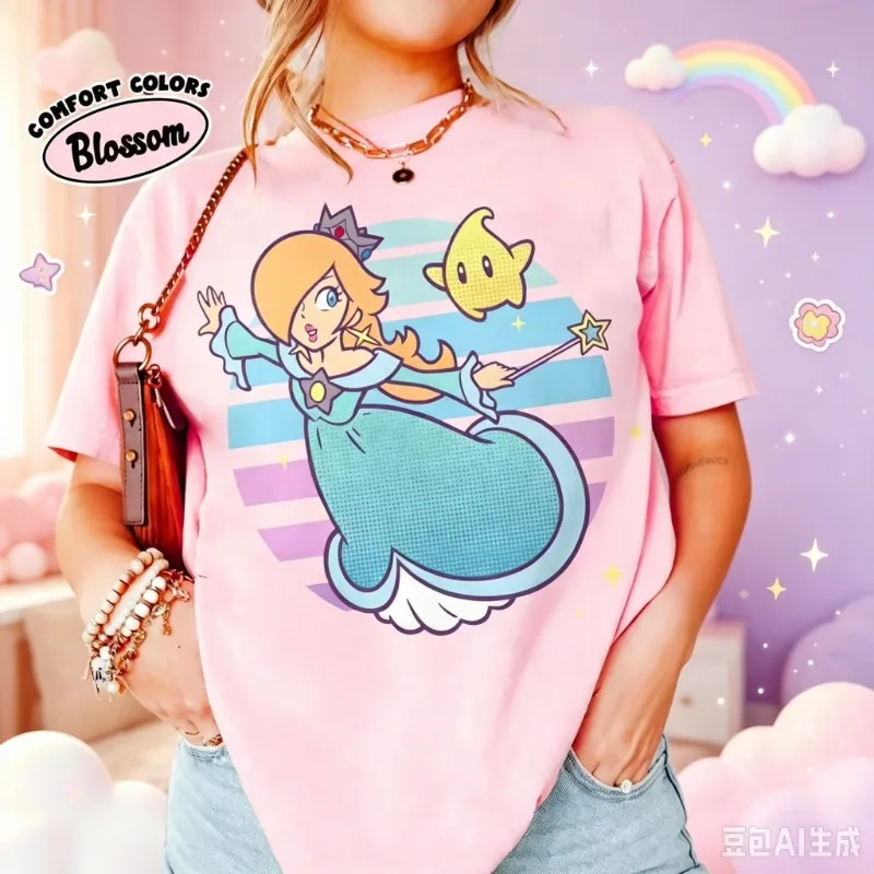 2026 Summer Cute Rosalina Luma Striped Portrait T-Shirt Oversized Y2K Retro Cartoon Men Women Casual Streetwear