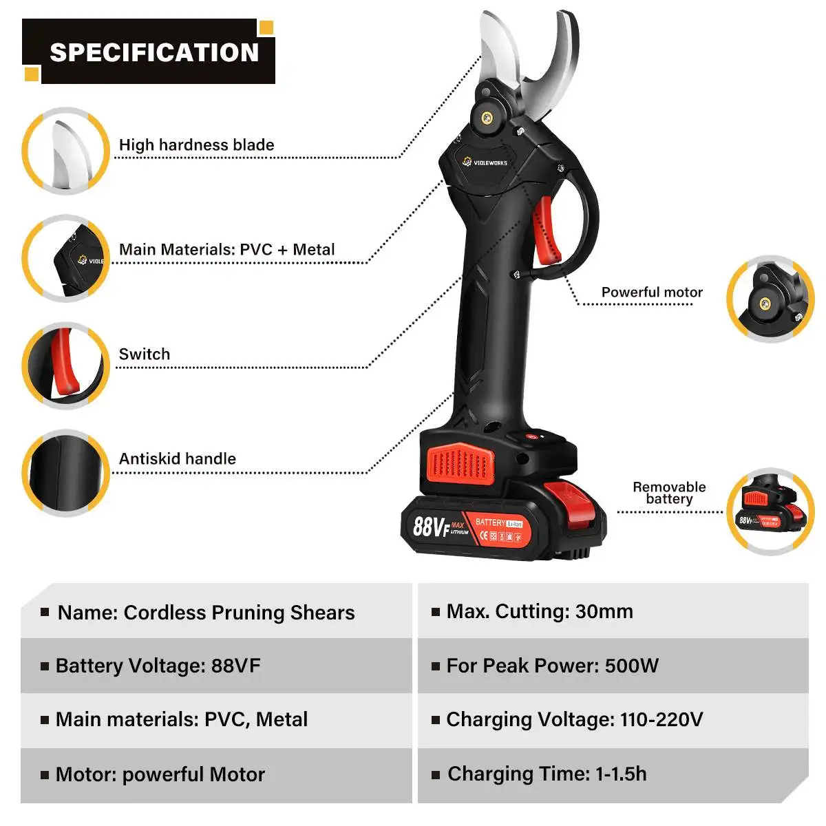 Imagem -03 - Violeworks-cordless Elétrica Pruner Tesouras de Poda Ramo Pruner Ramo Pruner Árvore Frutíferas Bonsai Pruner Bateria Recarregável 30 Milímetros