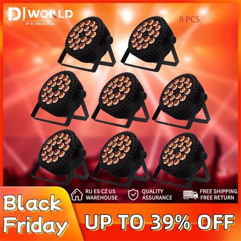 8PCS LED Flat Slim Par Light 18x18 RGBWA UV 6in1 Par Light DMX 512 Stage Light DJ Professional for DJ Disco Bar Party Lighting