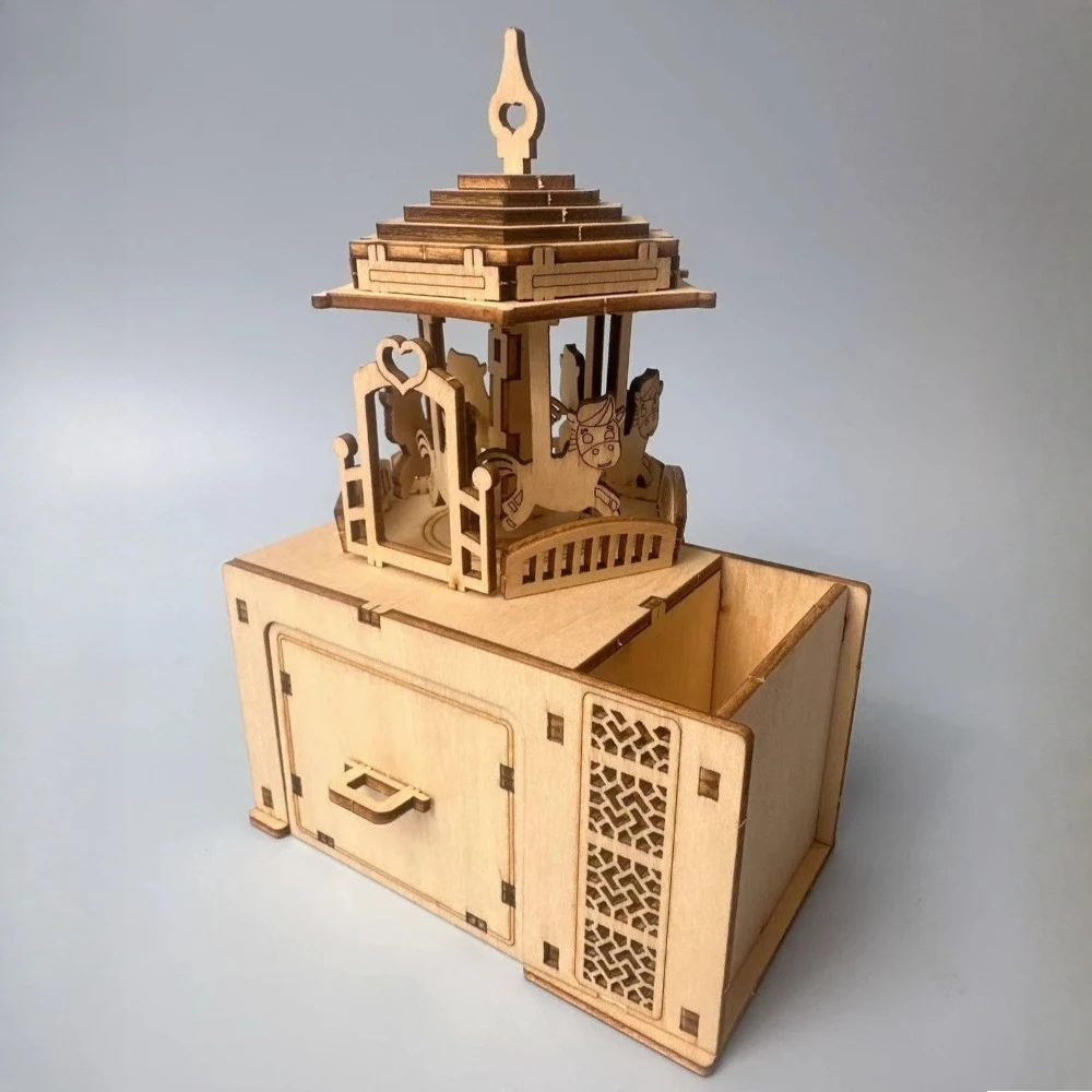 

DIY Wooden Carousel Music Box Kit, Wind-Up Mechanical Pen Holder, Kids Science Craft, STEAM Educational Gift for Age 6+