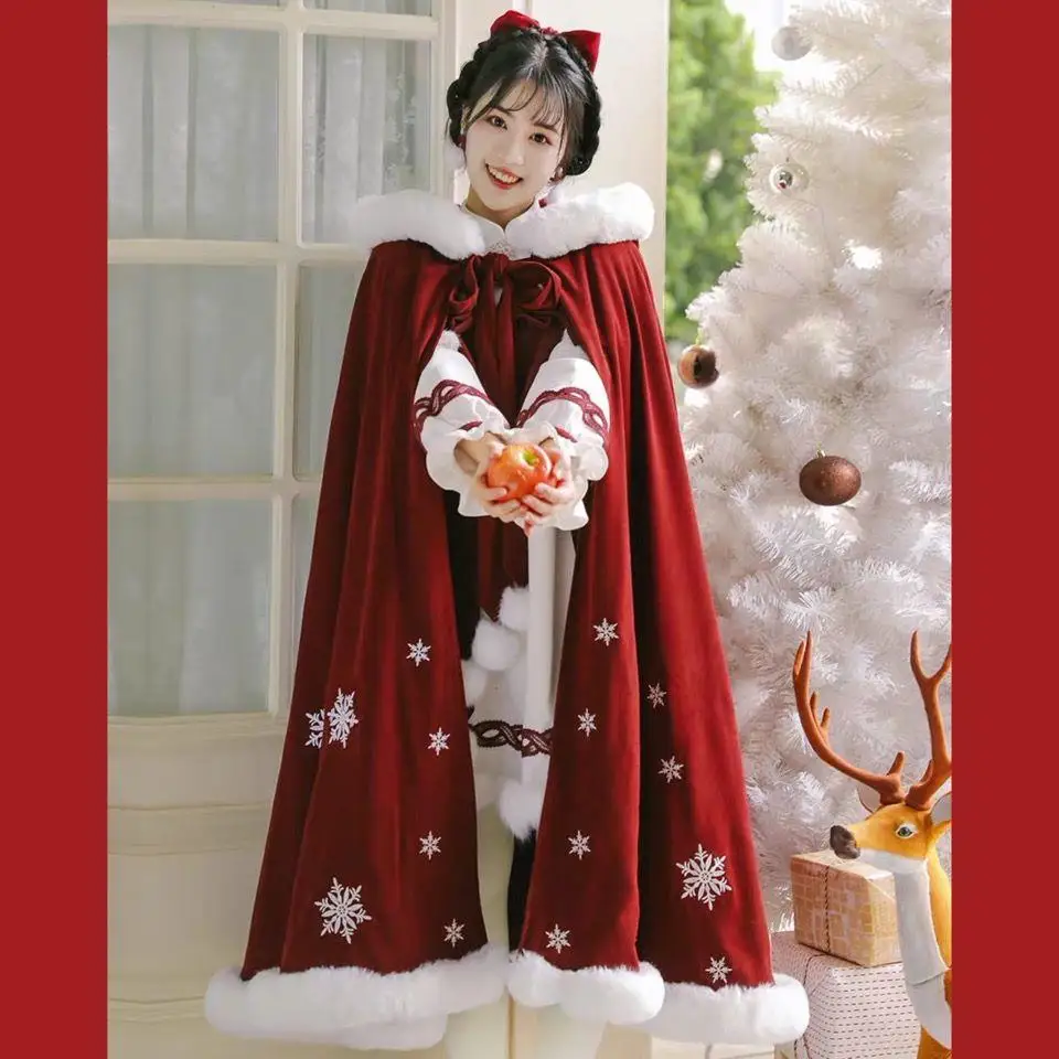 

2024 Autumn Winter Red Cloak Hanfu Snowflake Print Thickened Hooded Cape Shawl New Chinese New Year Clothes Women Poncho Long