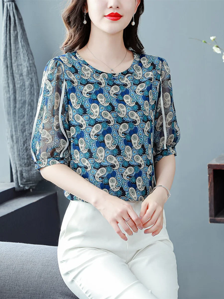 4XL Women Spring Summer Blouses Shirts Lady Fashion Casual Short Sleeve O-Neck Collar Flower Printing Blusas Tops G2198