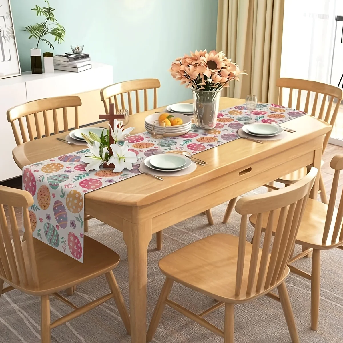 Easter Egg Floral Table Runner 2D Single Print Festive Home Decor Dining Table Accessory Watercolor Functional Cheerful Holiday