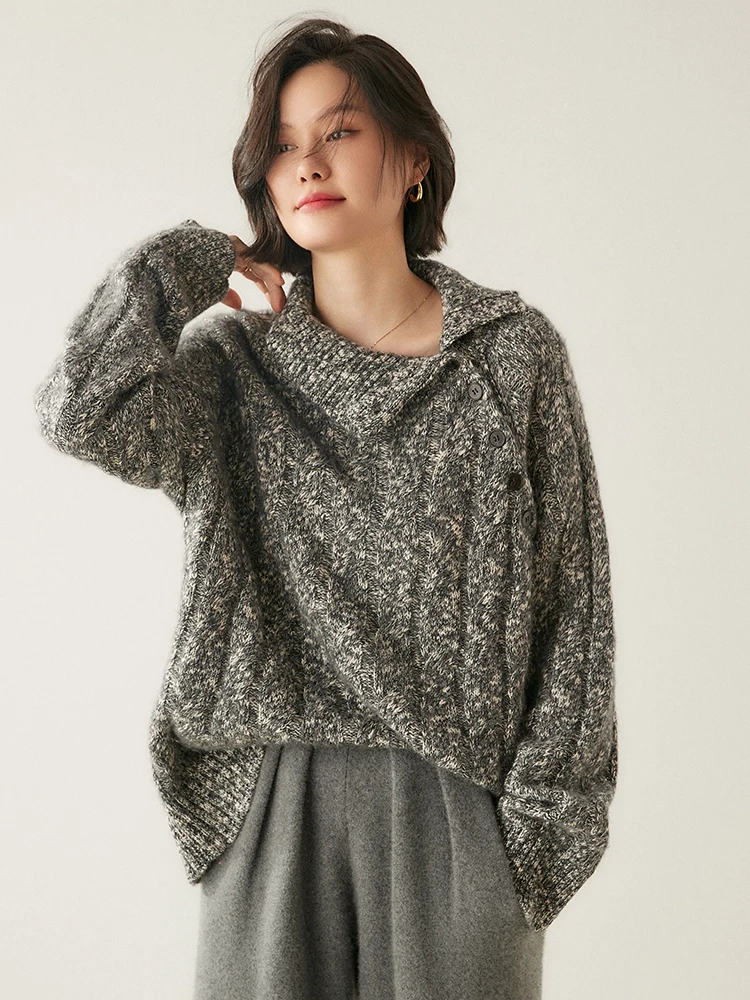 New Chic Women 100% Cashmere Sweater Vintage Loose Style Knit Pullover Buttons Turn-down Collar Sweater Autumn Winter Tops