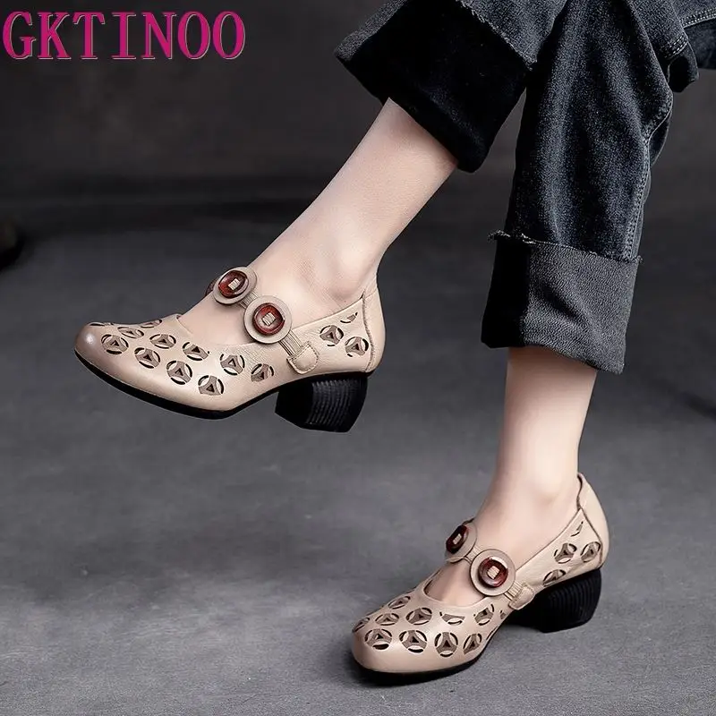 GKTINOO Women Pumps 2024 Platform Sandals Genuine Leather Women Thick Heel Shoes Summer Hollow Out Breathable Gladiator Shoes