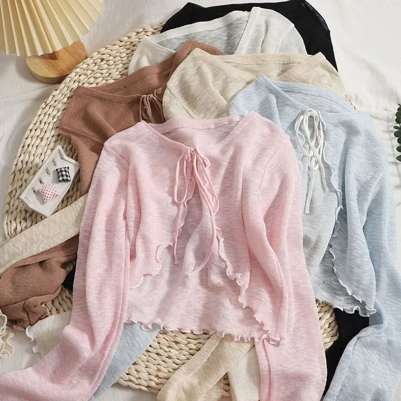 

Summer Women Thin Sunscreen Cardigan Lace-up Knitwear Tops Female Korean Style Lantern Sleeve Short Coat Casual Sun Protected