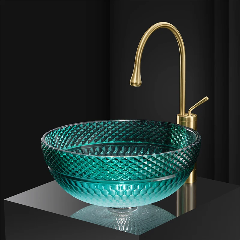 Crystal glass basin, upper basin, bathroom art, light luxury wash basin, hotel household wash basin, gradient green circular