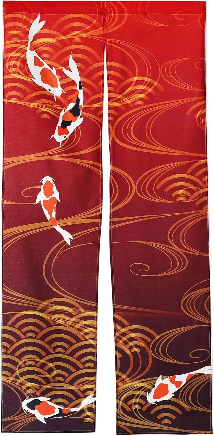 Japanese Style Koi Fish Wave Pattern Noren Curtain Red Gold Traditional Decorative Door Curtain for Home Entrance Bedroom Living