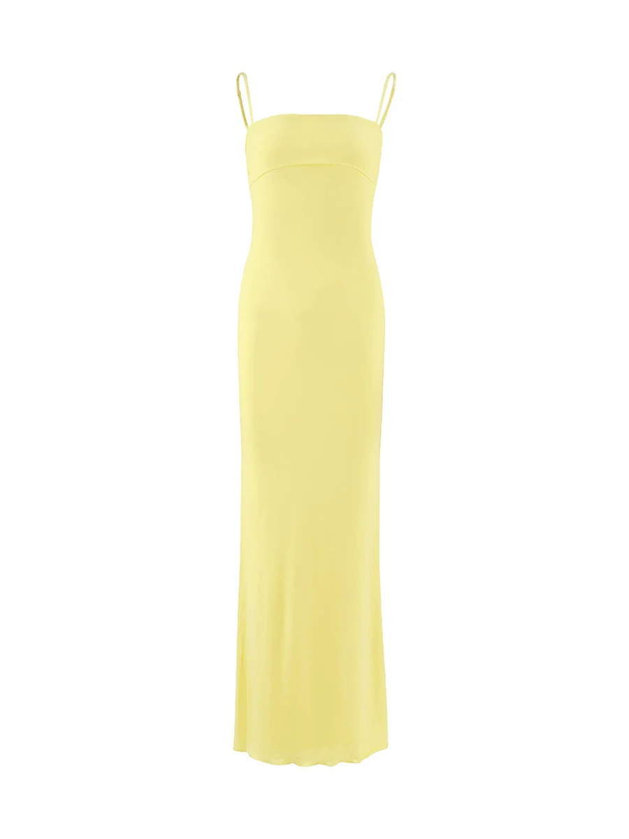 Women's Long Cami Yellow Dress Slim Fit Square Neck Adjustable Spaghetti Strap Solid Color Dress for Party Club Wedding Night