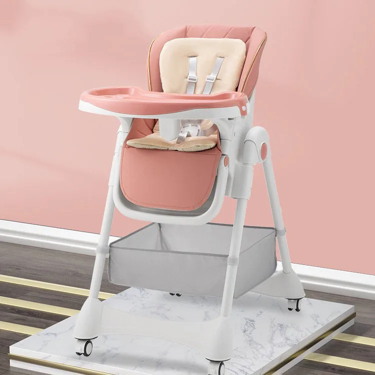 Baby High Chair, Adjustable-Back Portable And Foldable, No Assembly Required, Sturdy For Home Use, With Padded Tray And Wheels