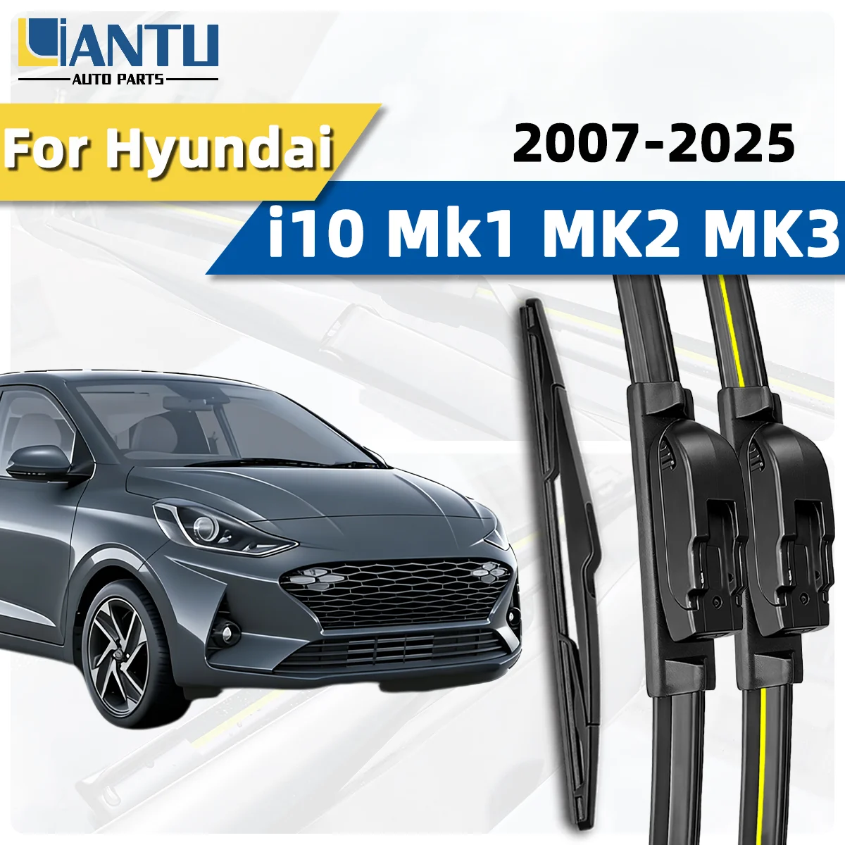 3-teiliges Scheibenwischer-Set für vorne und hinten, passend für Hyundai I10 Mk1 Mk2 Mk3 2007-2025, Windschutzscheibenwischer, leiser Wischer, Autozubehör 2024 2023