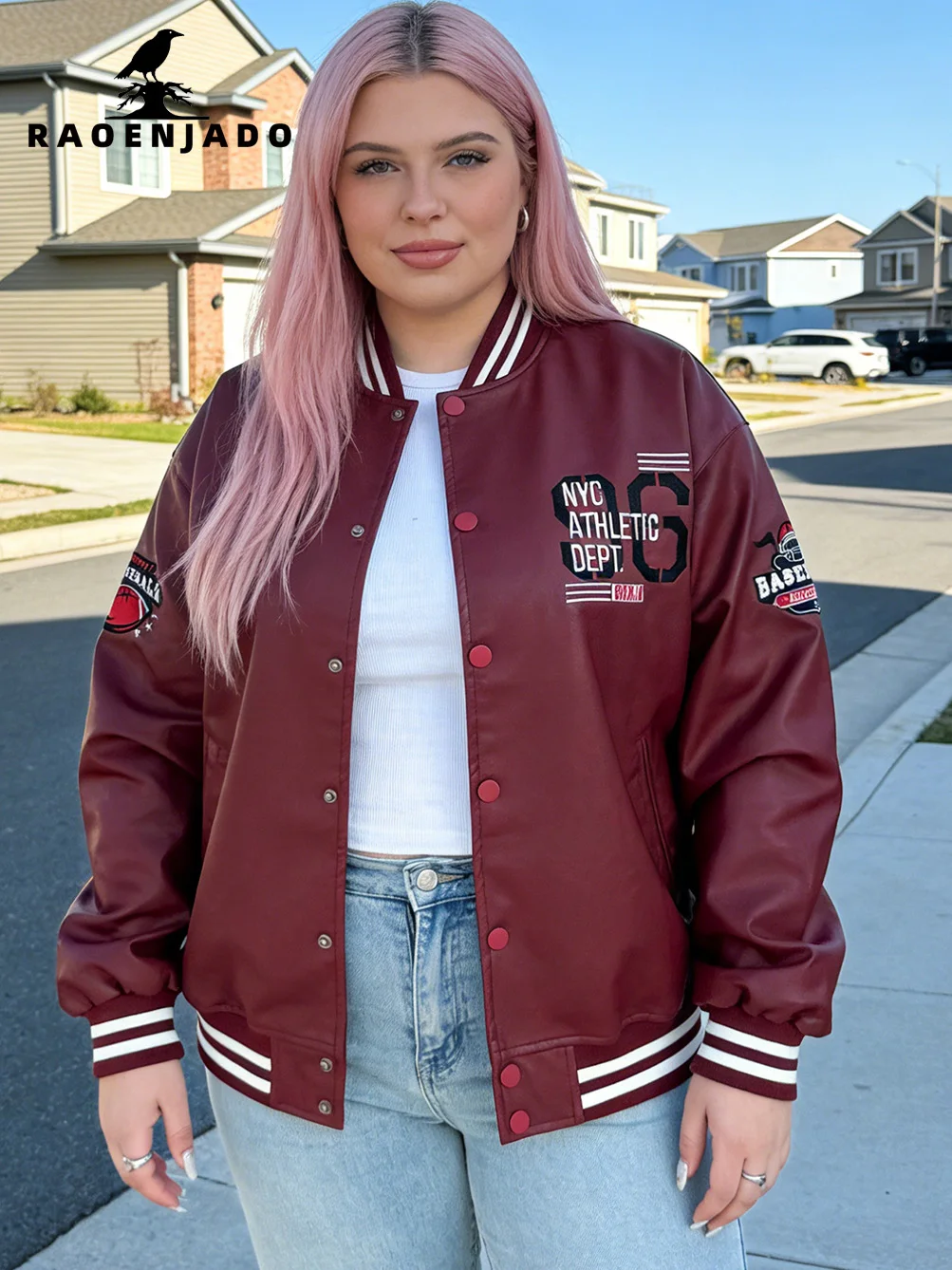 

Woman's Faux Leather Jacket Plus Size Vintage Baseball Uniform Lightweight Motorcycle Spring&Autumn Warm Street Letterman Coat
