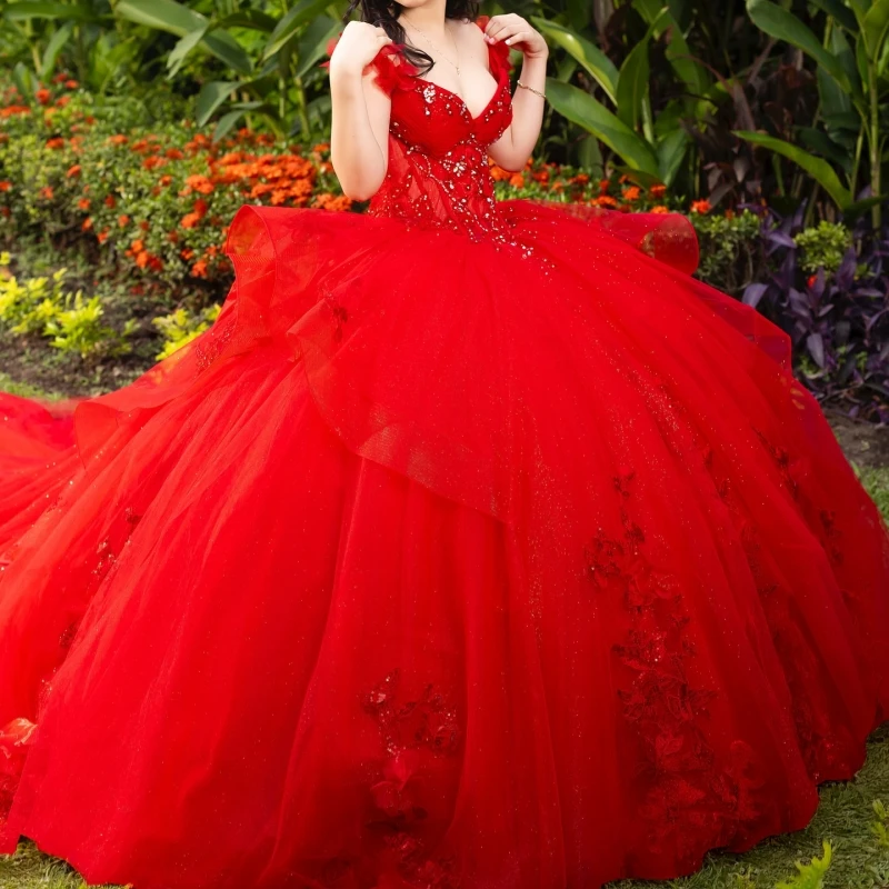 

Red Off The Shoulder Ball Gown Quinceanera Dresses Appliques Flower Beading Crystal Tull Sweet 16 Dress vestidos 15 anos