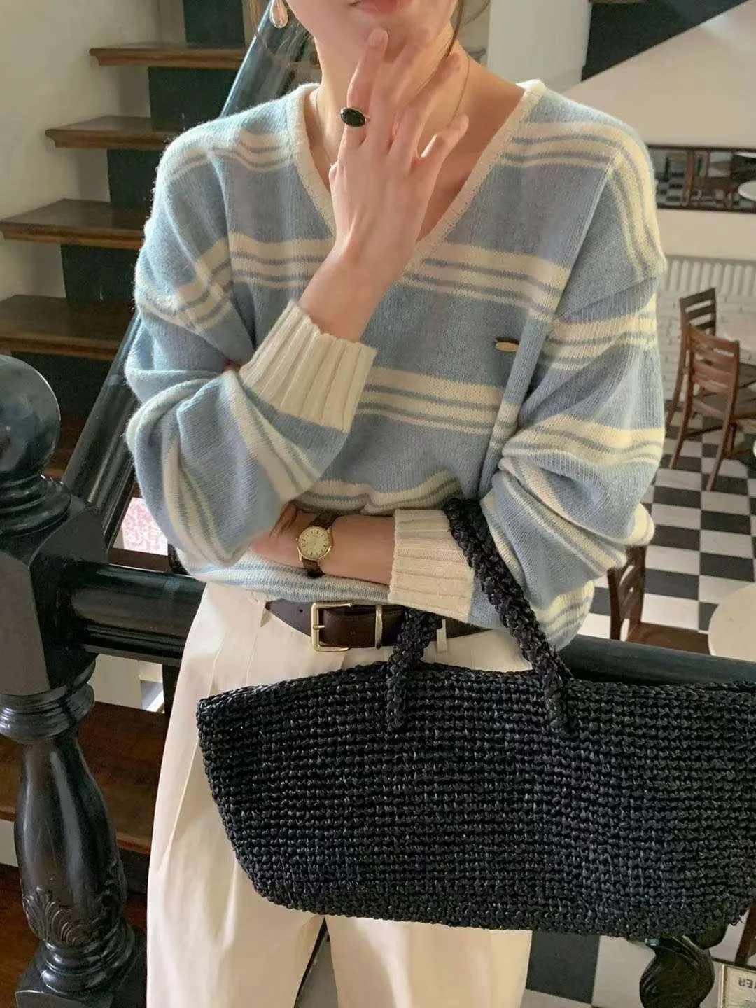 Chique herfst nieuwe vintage luie Sle V-ne kleur Blo zachte veelzijdige afslankende lange Sve gebreide trui voor dames