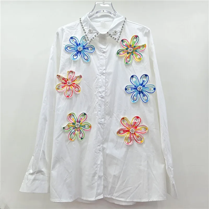 HKSH ฤดูใบไม้ร่วงใหม่ผู้หญิงเสื้อสามมิติสีสันถักดอกไม้เพชร Beaded Single Breasted Casual Trendy Tops HK10387