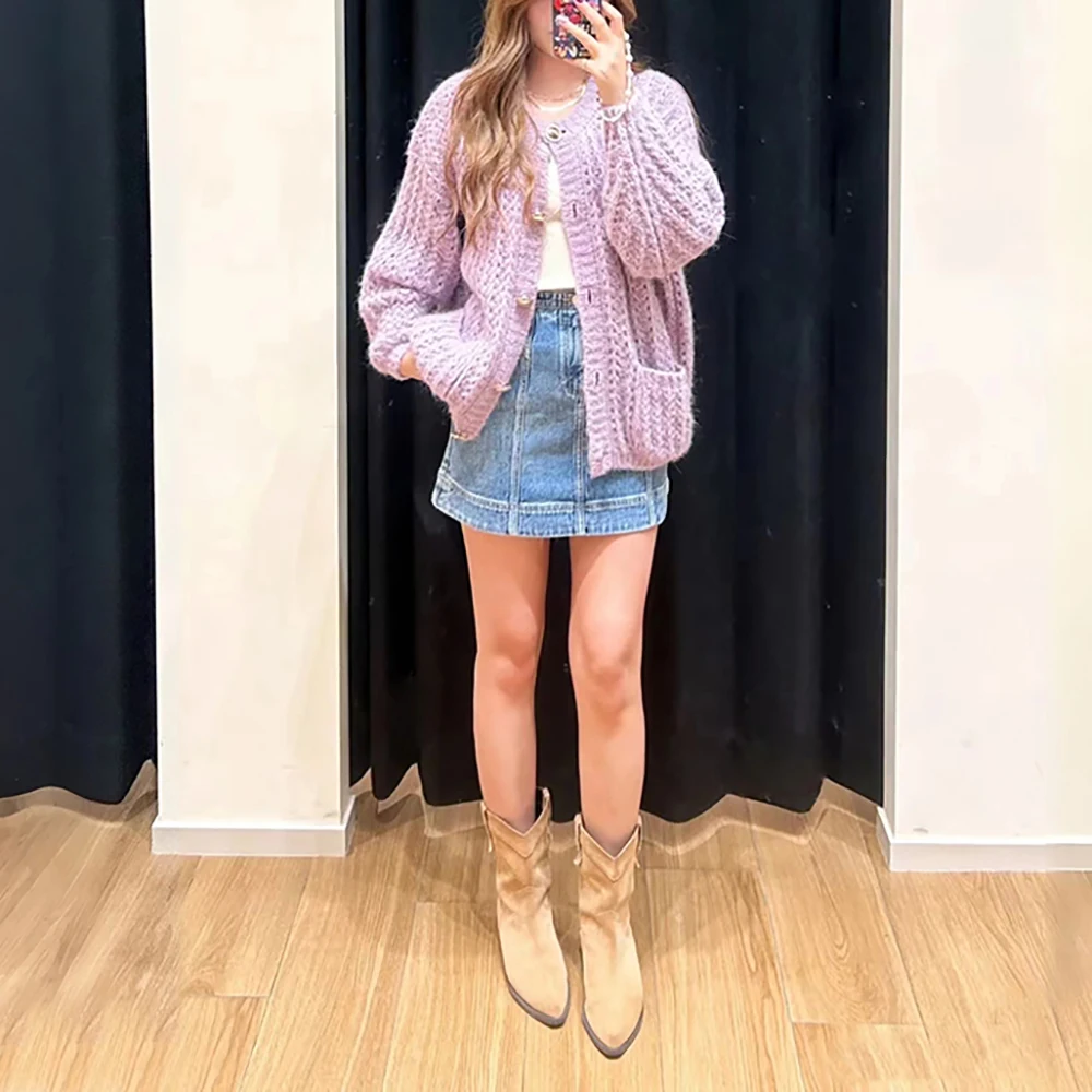 

Женский кардиган из шерсти Y2K, витой вязаный крючок, элегантный вязаный топ большого размера с круглым вырезом и длинными рукавами, новинка осени/зимы 202, новинка