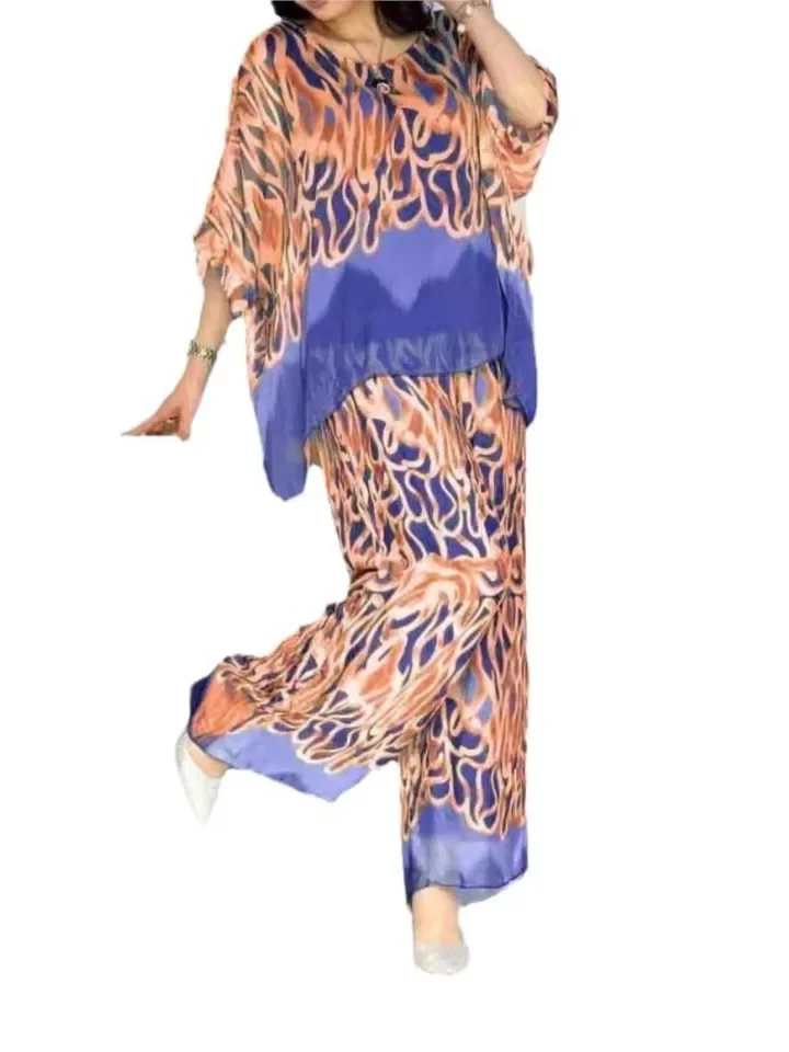 Conjunto de calças femininas em torno do pescoço solto vintage impresso superior cintura alta perna larga calças longas casuais conjuntos de duas peças roupas de deslocamento