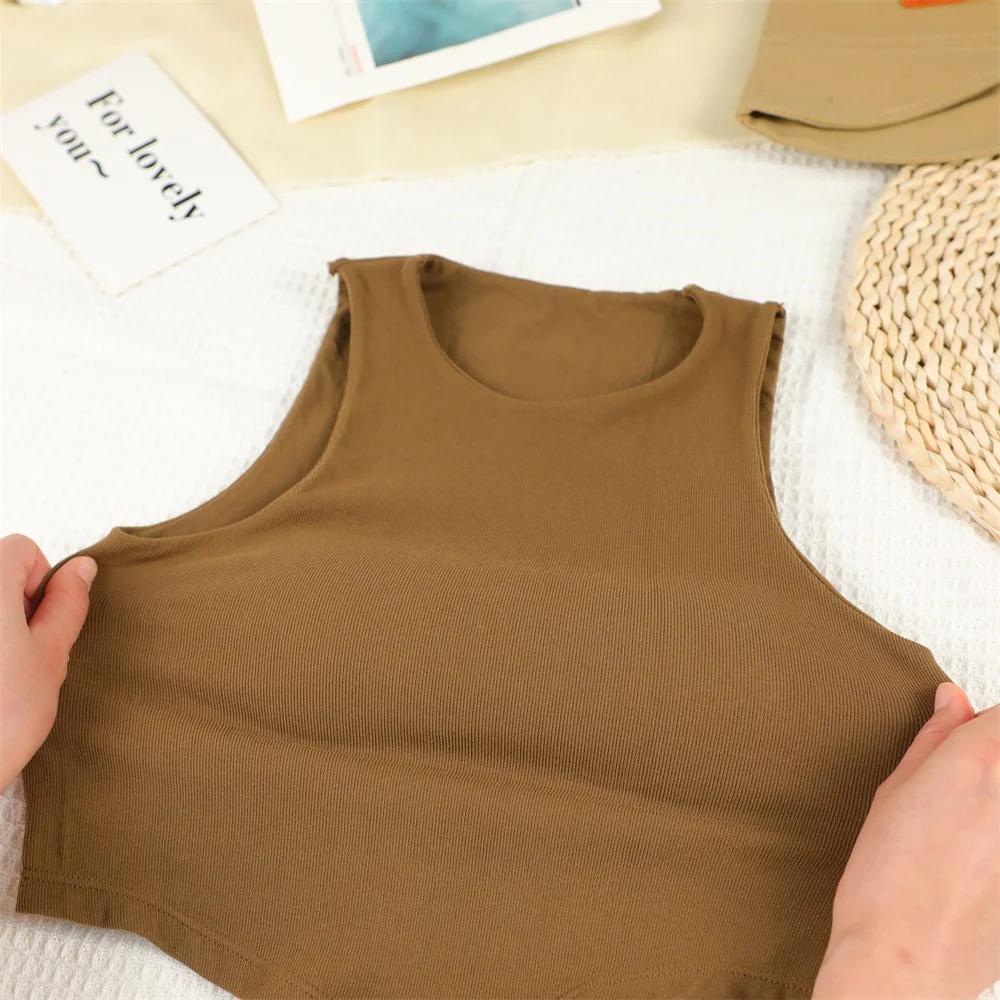 Summer Women Tank Tops Solid Color Camisole with padded Bra sexy Off Shoulder O Neck Elastic Tank Top Casual Sport Vest image 5