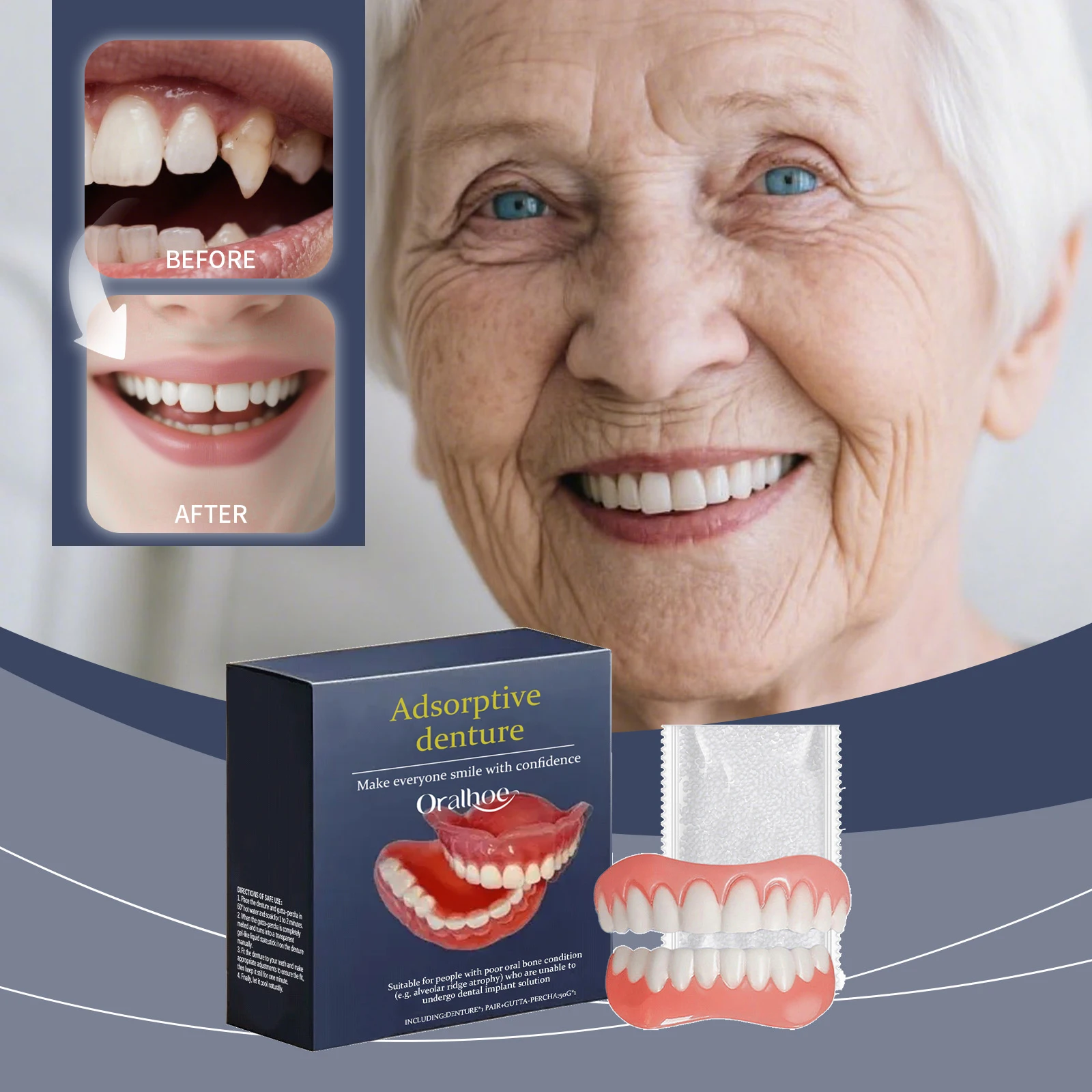 

New Full Mouth Dentures Upper Lower Jaw Temporary Teeth for Seniors, Easy Install Eating Aid