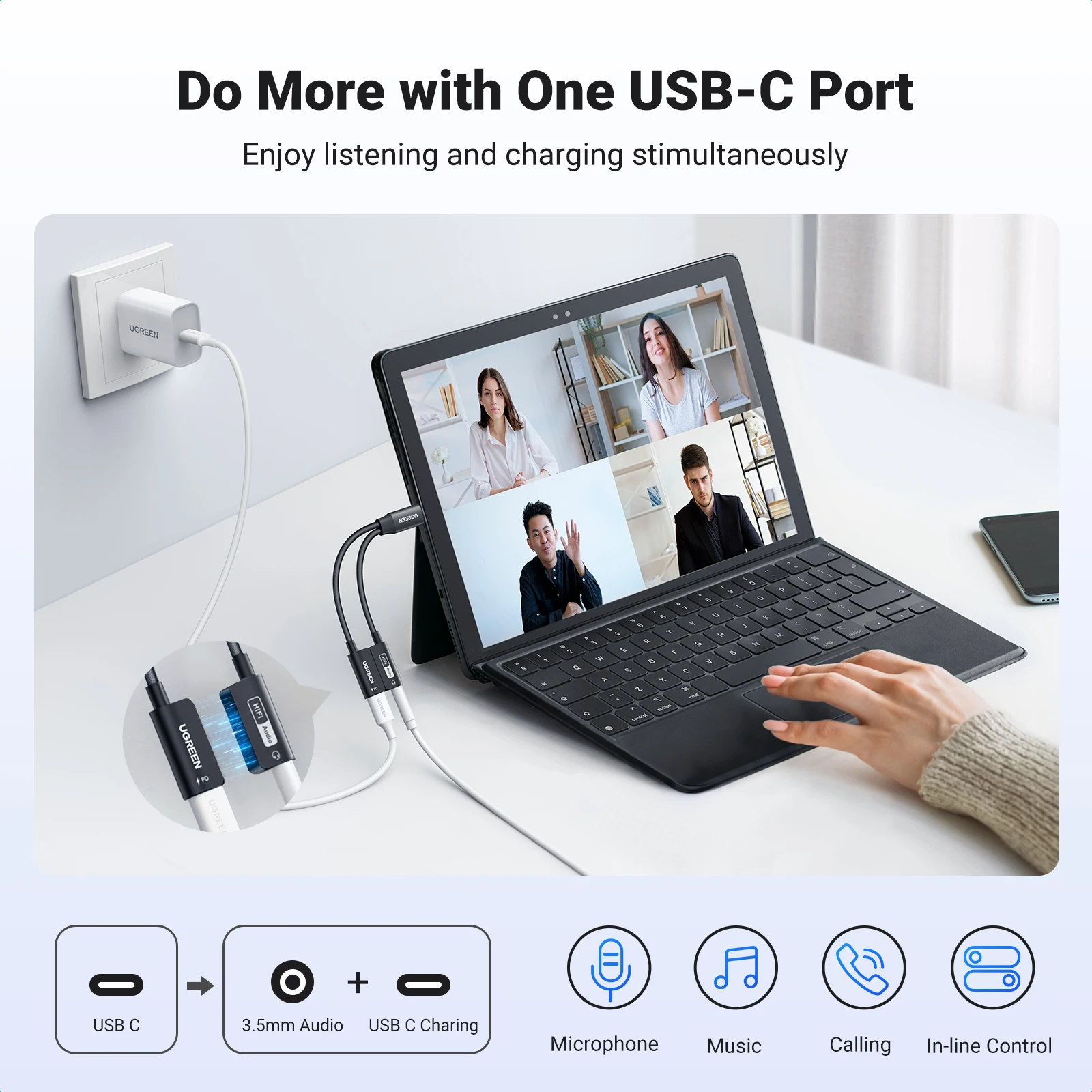 UGREEN 헤드셋용 사운드 카드, USB C-AUX 케이블 어댑터, AUX 이어폰 컨버터, DAC 칩, PD QC 충전 사운드 카드, C타입 3.5mm