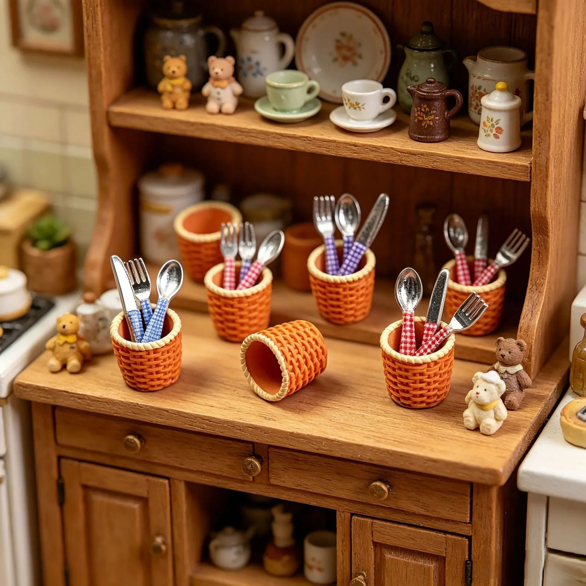 1Set Mini Checkered Alloy Western Cutlery Set, Dollhouse Simulation Tableware Ornaments for Scene Decor