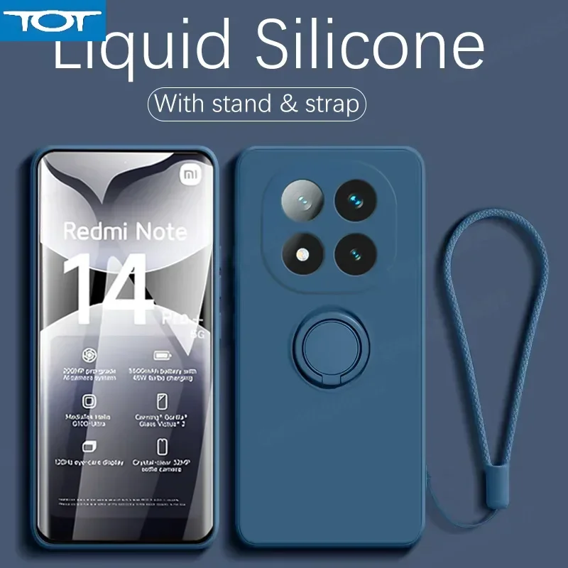 

Solid color Liquid Silicone Ring Holder Phone Case For Redmi Note 14 13 Pro Plus 4/5G K80E K70/K60E 14C TPU Protect Soft Back Co