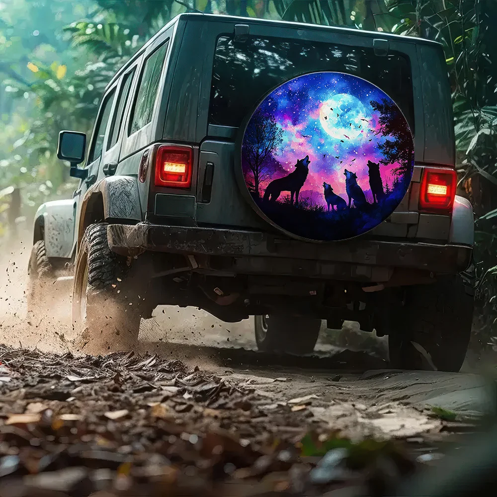 

Wolf Howling Full Moon Spare Tire Cover Waterproof Polyester