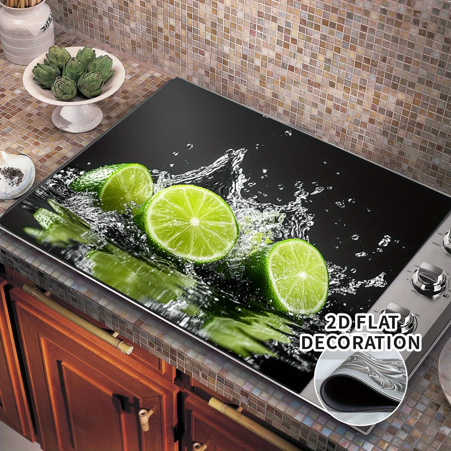 Refreshing Lime Splash Pattern Flat Stove Top Cover, Heat-Resistant Protective Mat for Induction Cooktops & Surface Guard