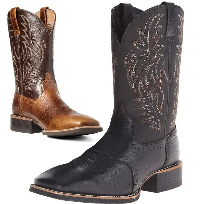 Botas altas para hombre, botas Retro bordadas hechas a mano para hombre, botas de vaquero del oeste, botas con punta estrecha, zapatos de exterior cosidos a mano para hombre