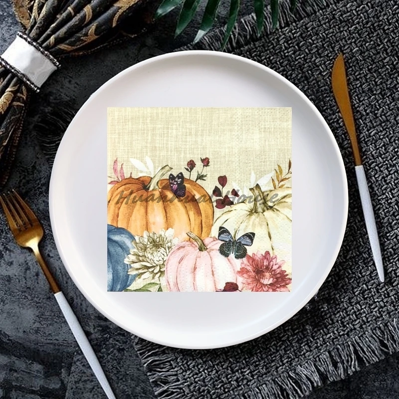 

20Pcs/Bag Vintage Thanksgiving Pumpkin Decoupage Paper Butterfly Flower Napkin Floral Paper Tissues for Party Tableware 25x25cm