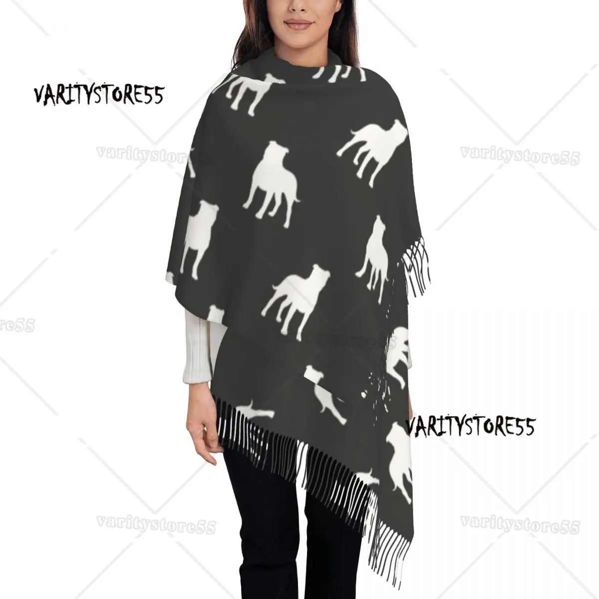 

Womens Tassel Scarf Bull Terrier Silhouette Long Winter Fall Shawl and Wrap Dog Animal Cute Cartoon Daily Wear Pashmina Scarves