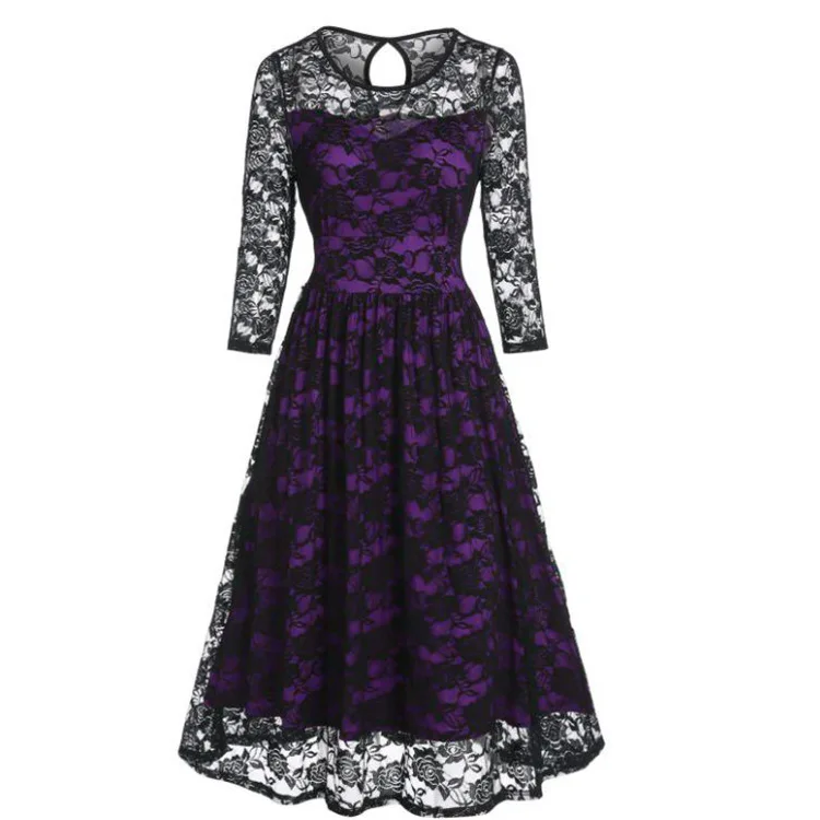 Frühling Gothic Spitze Kleider Blumen Mesh Langarm Herbst Retro Kleid Frauen o Hals Vintage eine Linie Swing Kleider платье женское