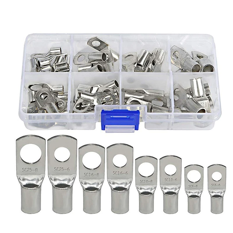 

60PCS SC Series Heavy Duty Wire Lugs Bare Tinned Copper Ring Terminals Eyelets Connectors Battery Cable Ends Crimp Assorted Kit