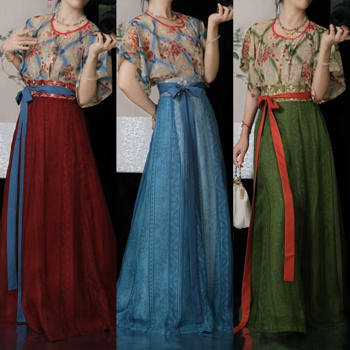 Ladies Original Tang Dynasty Hanfu, Rouge Red Circular Floral Beizi Jacket, Slimming Paneled Skirt Designer Chinese Clothes