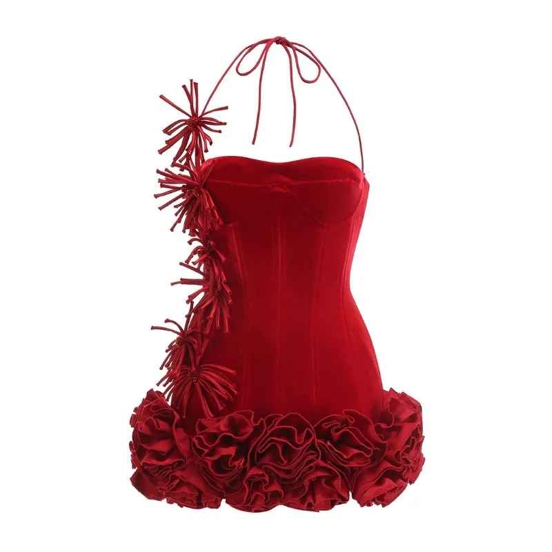 

New Elegant Fashion Dress Women Summer Neck Velvet Short Dress