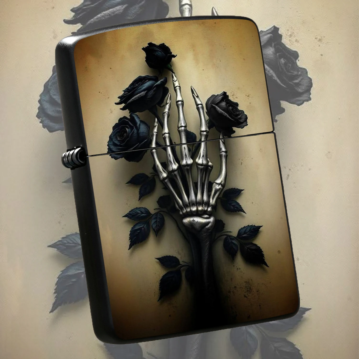 Gothic Dark Aesthetic Skeleton Hand Black Rose Pattern Portable Lighter, Vintage Artistic Stylish Daily Use Accessory, Unique Moody Decorative Practical Item For Gifting And Personal Collection, Fits All Scenarios With Distinct Retro Dark V