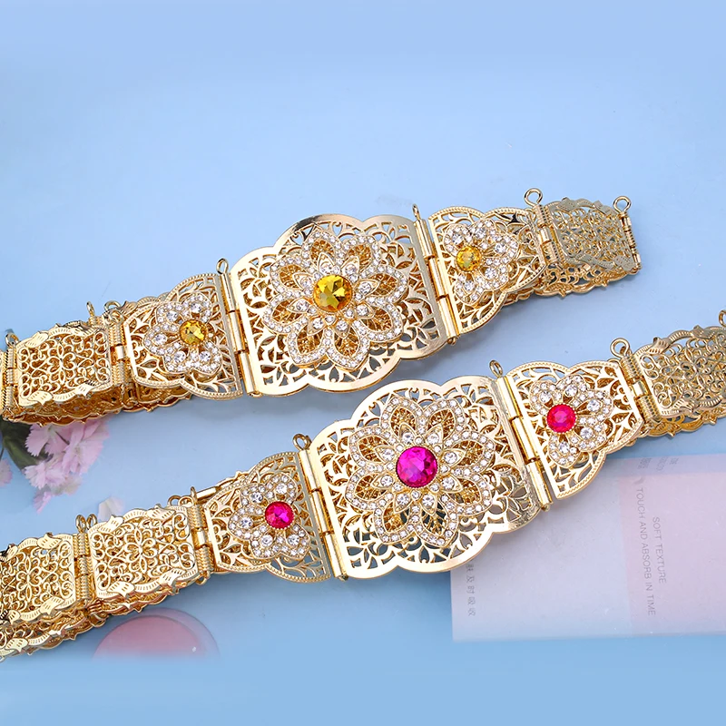 Moroccan Traditional Caftan Dress Belts Gold Plated Crystal Flower Waist Chain for Women Middle East Muslim Women Jewelry