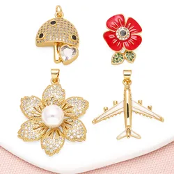 OCESRIO Big Bead Red Enamel Flower Pendant for Necklace Copper Gold Plated Mushroom Airplane Jewelry Making Supplies pdtb839