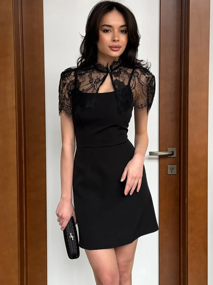 

Trendix Lace Shawl Short Dress Women 2026 High Waist Slim Splice Camisole Dress Street Casual Party Club Elegant Evening Dress