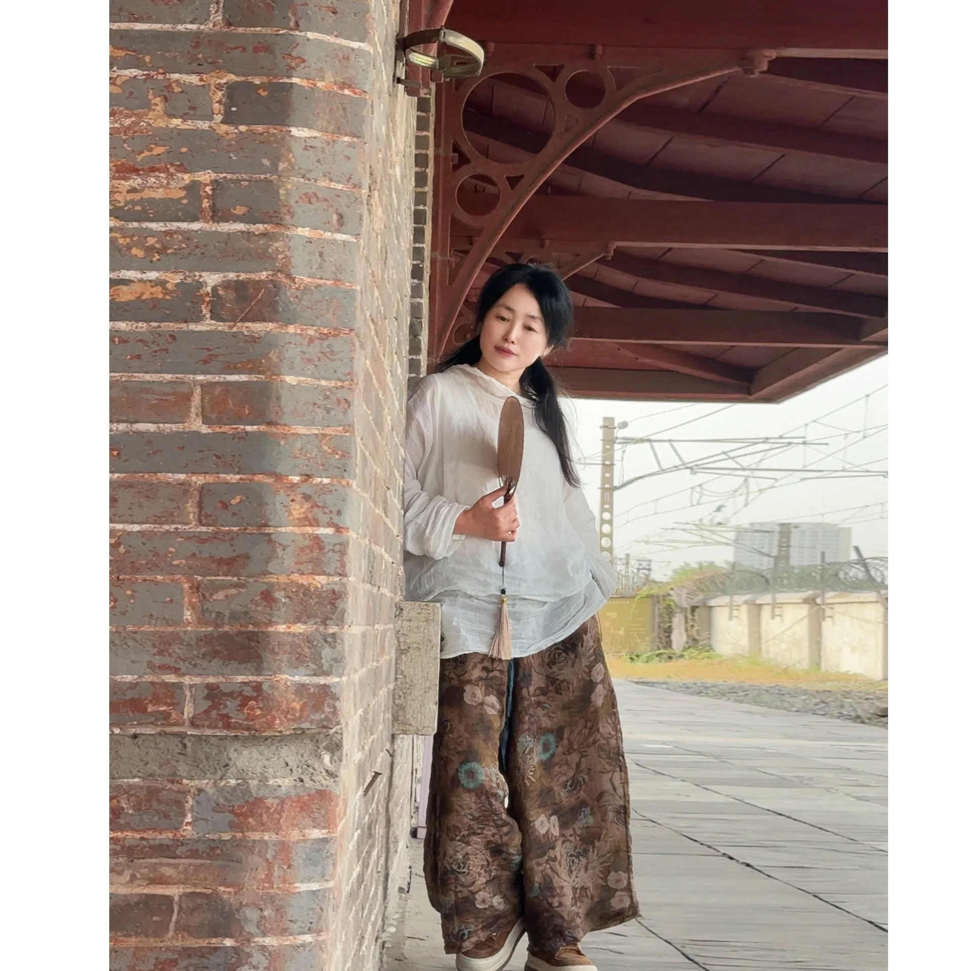 

Retro Print Double Layer Pure Linen Nine-Tenths Casual Pants Loose Wide Leg Women's High Waist Elastic Plant Floral Harajuku ...