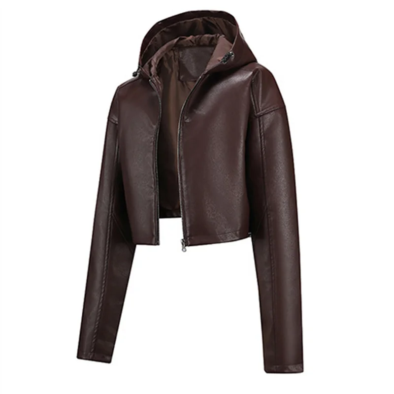 2025 Fashion High-waisted Short Coat Zipper-up Hooded Outerwear Streetwear Lady Tops Slim PU Jackets Women's Faux Leather Jacket 3