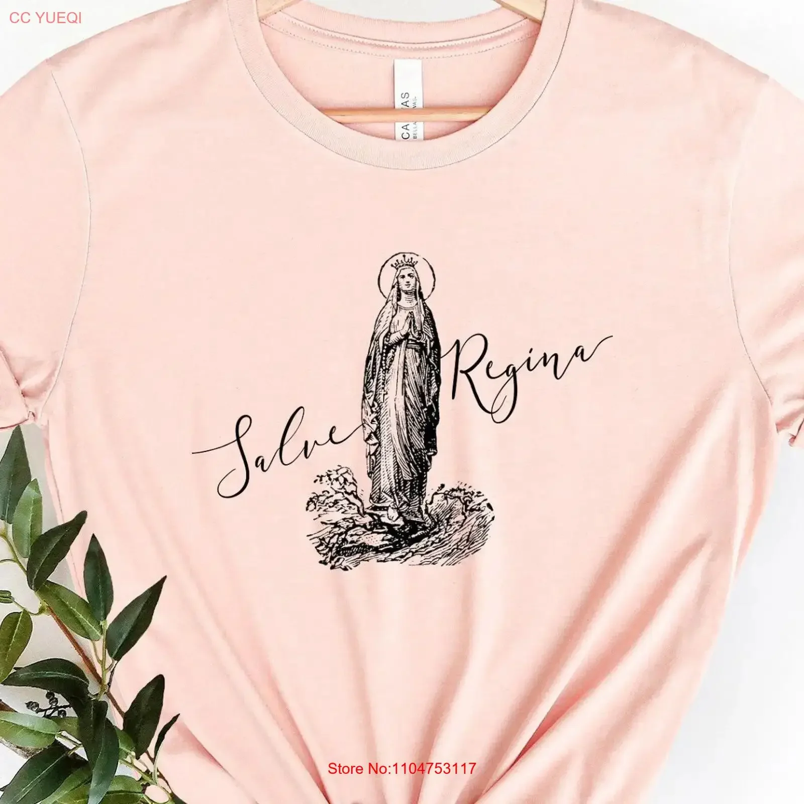 Camiseta Salve Regina Hail Holy Queen en latín con la imagen de María, regalo católico para niñas y mujeres, ropa de diseñador vintage con efecto lavado.